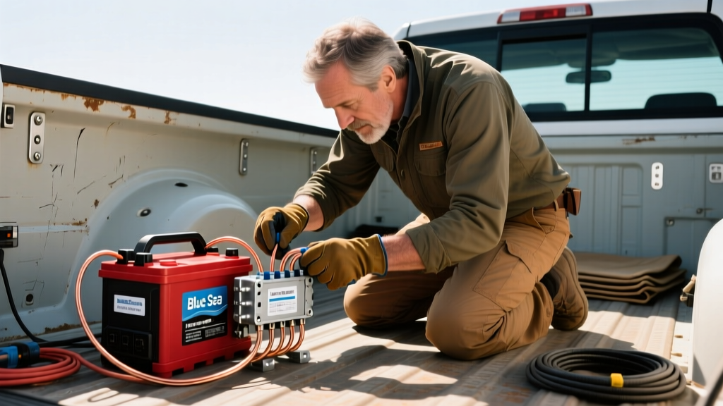 Overlander kneeling next to a modified truck bed, wiring a Blue Sea Systems fuse block to a secondary lithium iron phosphate battery