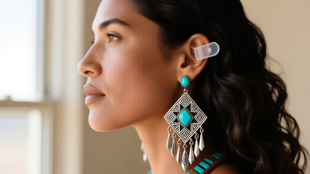Close side profile showing heavy silver and turquoise Native American dangle earrings supported by clear silicone earlobe patches