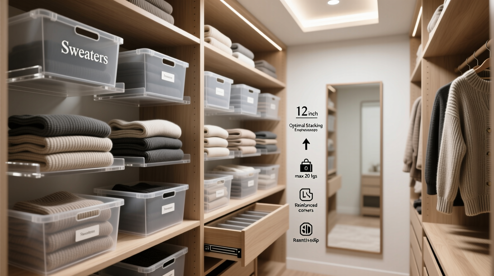 closet shelf risers vs stackable bins for knits