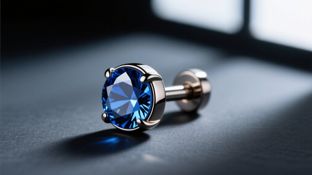 Macro shot of an 18 gauge threadless titanium cartilage stud with a bezel-set sapphire on dark slate under dramatic side lighting