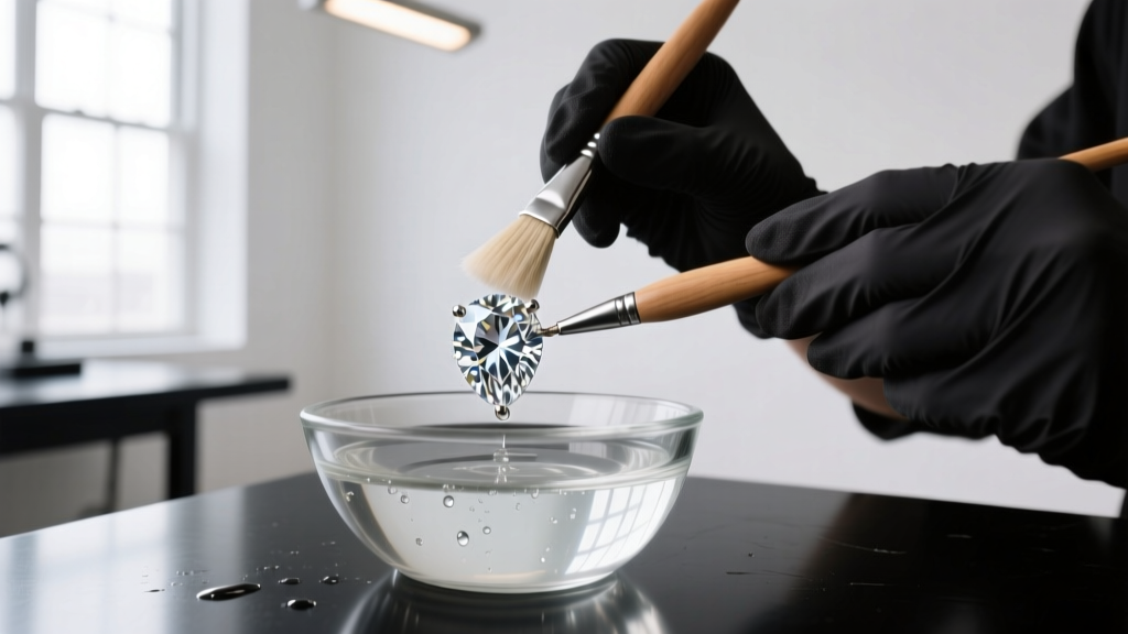 Jeweler using a soft bristle brush to clean the pavilion of a large diamond earring in a glass bowl of mild degreasing solution.