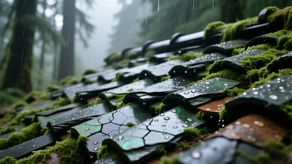Close-up of natural slate roof tiles overlapping in a rainy Pacific Northwest forest setting with deep green moss accents