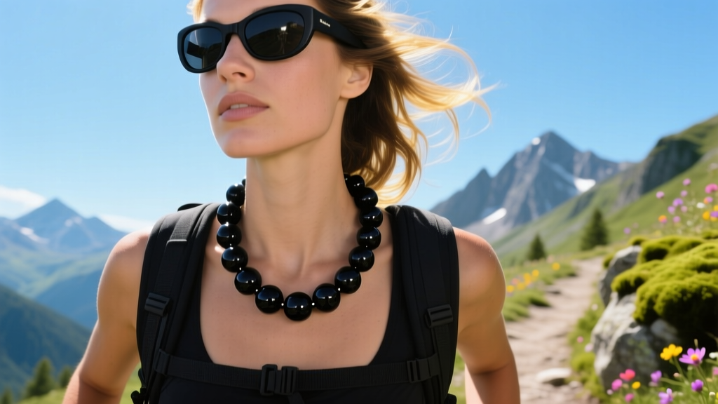 Black silicone and onyx beaded eyewear retainer necklace worn outdoors by a hiker, illuminated by bright, direct natural sunlight.