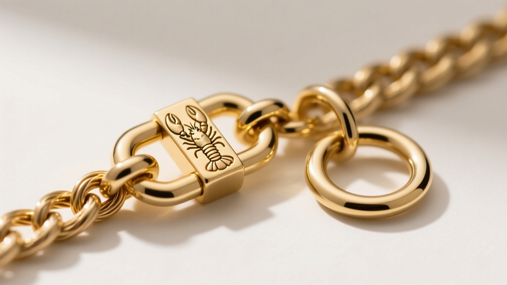 Macro photography of a 14k gold vermeil cable chain clasp, showing a 5x9mm lobster clasp and jump ring on a neutral backdrop.