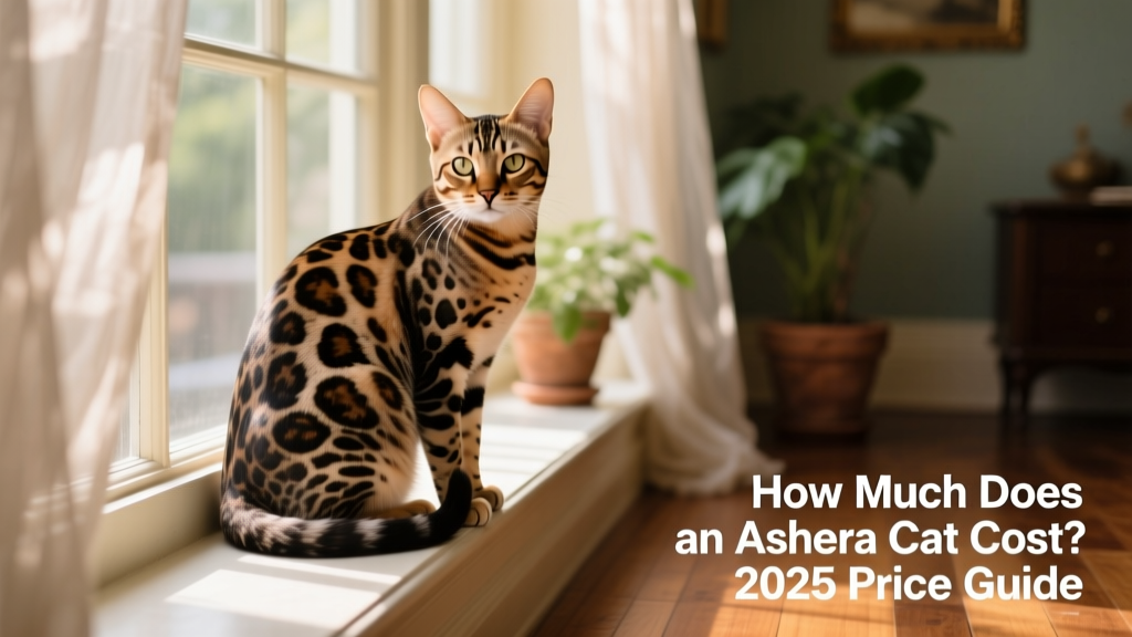 Ashera cat sitting elegantly on a sunlit windowsill, showcasing its spotted coat and alert expression