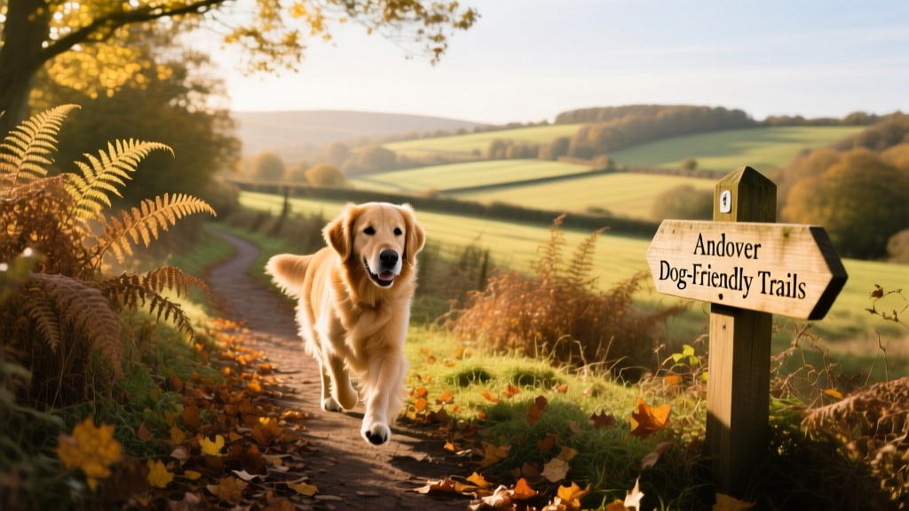 A dog trotting confidently along a leafy, sunlit walking trail near Andover, with rolling countryside in the background.