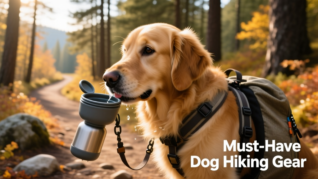 A dog drinking from a portable water bottle with built-in bowl on a sunny trail