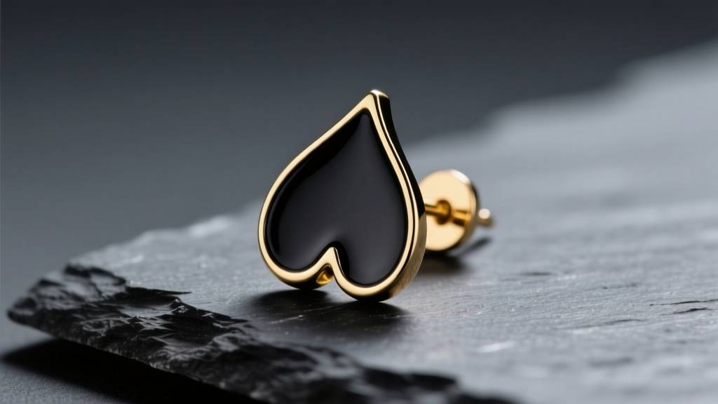 Macro photography of a black enamel and gold-tone brass spade stud earring resting on dark slate under soft studio lighting.