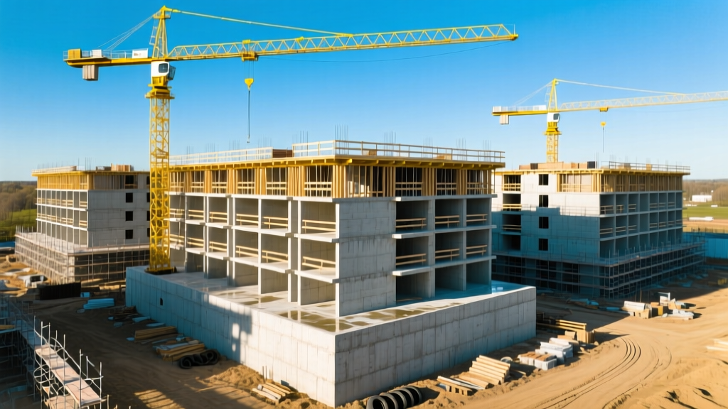 Aerial view of a mid-rise apartment complex under construction with yellow tower cranes, exposed concrete podium, and wood framing visible on upper floors