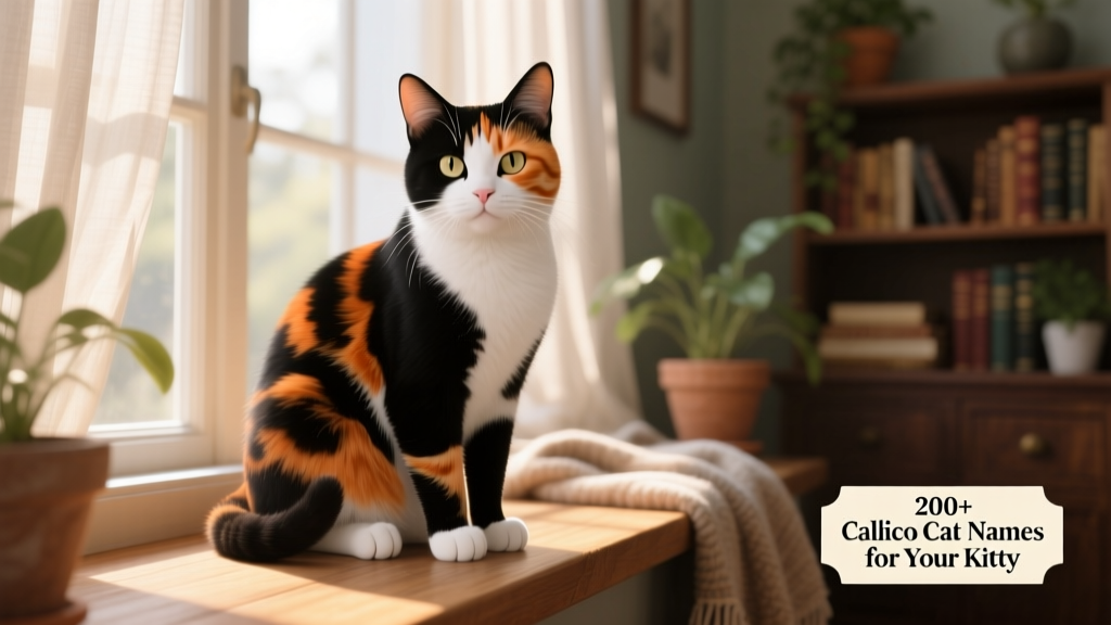 A vibrant calico cat sitting confidently on a sunlit windowsill, showcasing its distinct black, orange, and white coat pattern