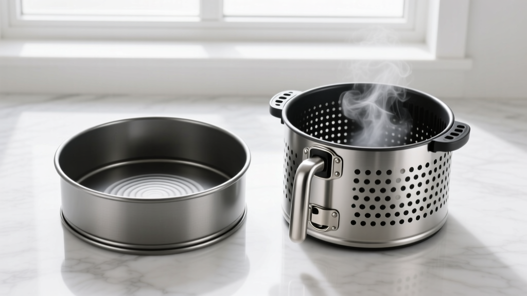 Comparison of a standard cake pan blocking air flow versus a specialized perforated air fryer cake barrel with magnetic handles.