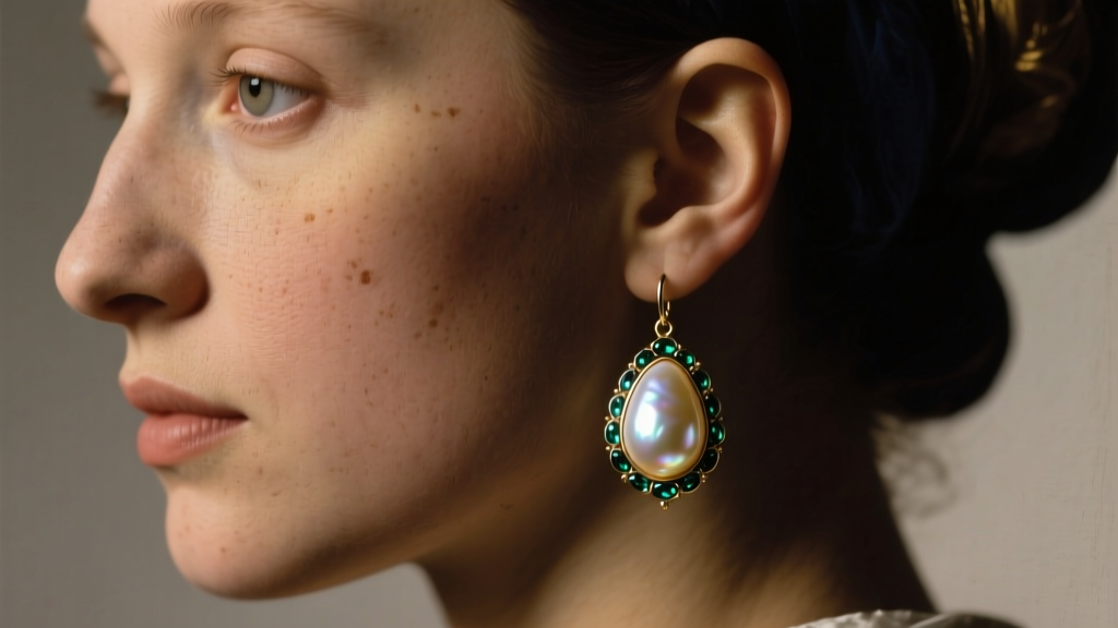 A 14mm baroque pearl drop earring on a model, lit by chiaroscuro lighting mimicking 17th-century Dutch portrait painting styles