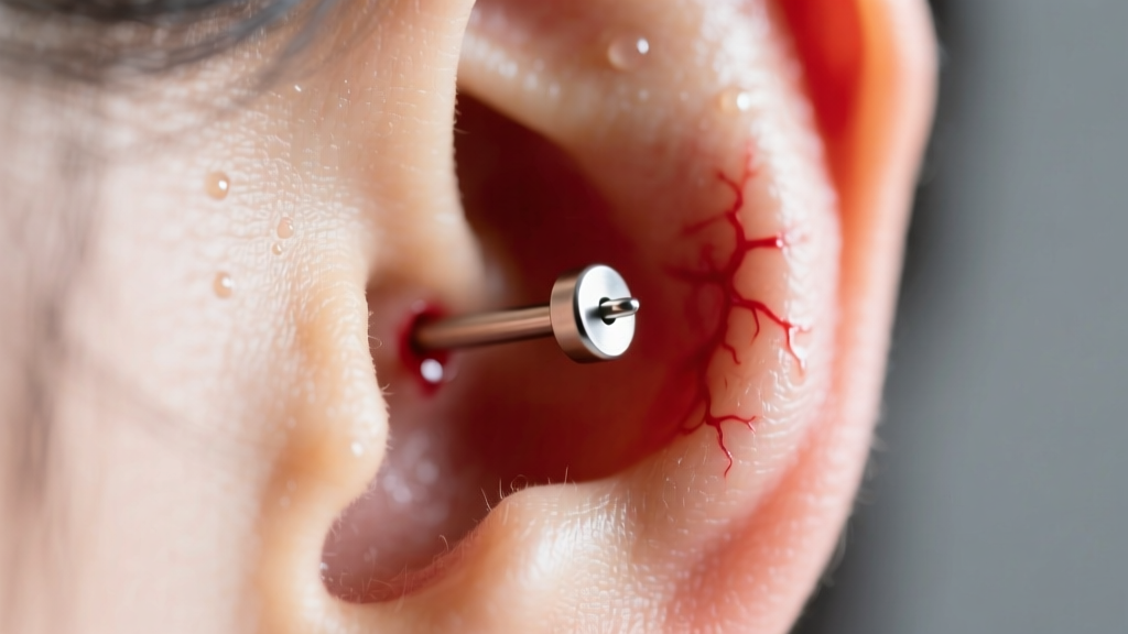 Close-up of a freshly pierced earlobe with a simple titanium stud, showing slight redness, under bright clinical lighting