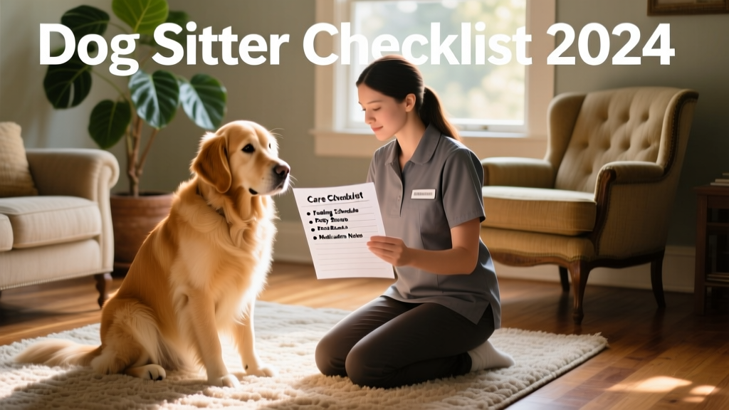 A dog sitter kneeling beside a calm Golden Retriever on a living room rug, reviewing a printed care checklist together