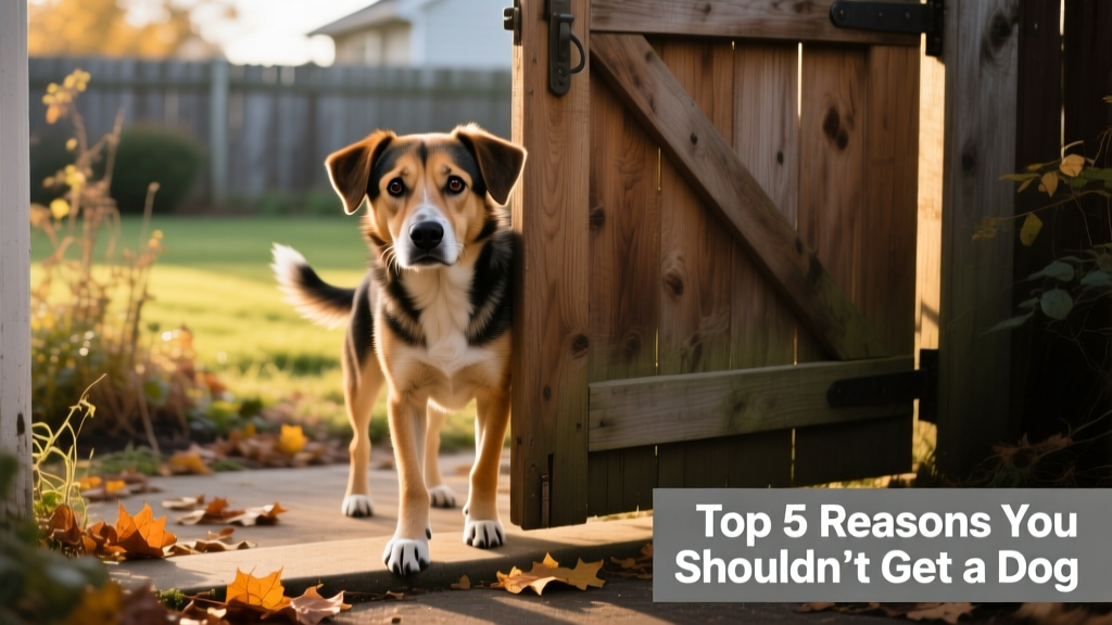 A medium-sized mixed-breed dog looking anxious behind a slightly ajar backyard gate
