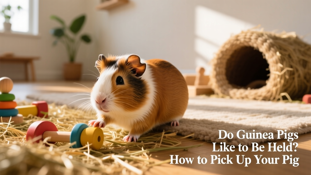 Guinea pig exploring a safe, open play area with toys and fresh hay, showing relaxed, curious behavior