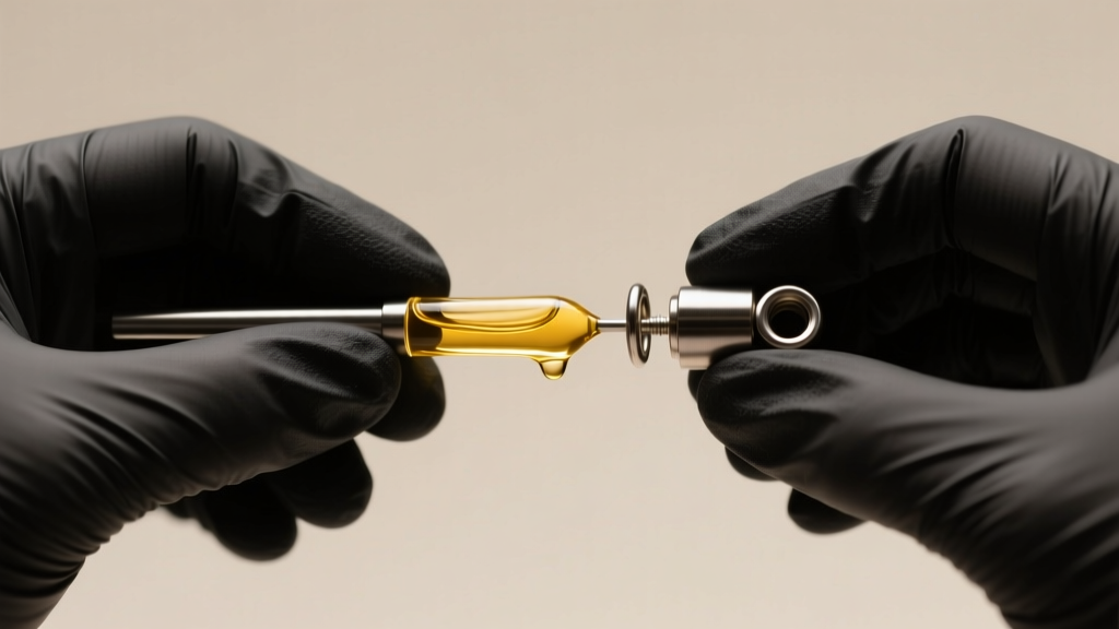 Hands in black nitrile gloves applying golden jojoba oil to the O-rings of a 10-gauge titanium ear stretching taper.