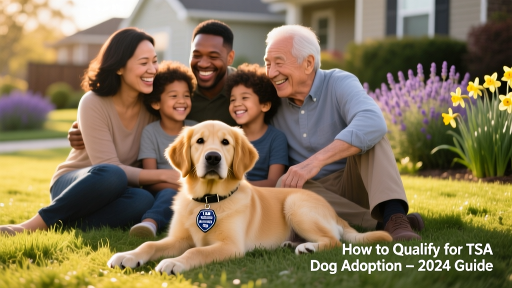 A smiling family sitting together on a grassy lawn with their newly adopted TSA dog — a calm, attentive Golden Retriever resting beside them