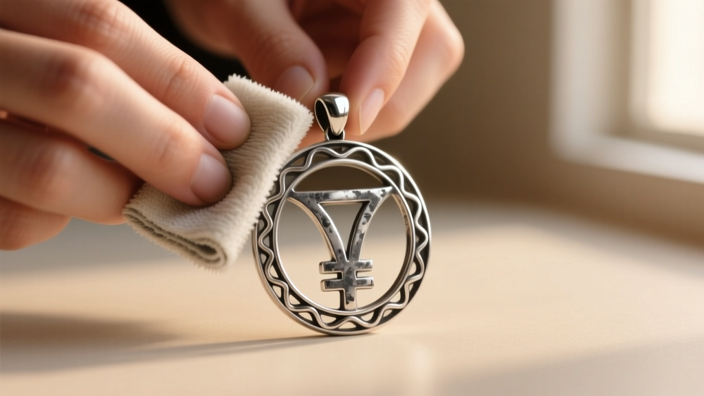 Hands using a microfiber polishing cloth to gently buff the circular loop of a tarnished sterling silver Venus symbol pendant.