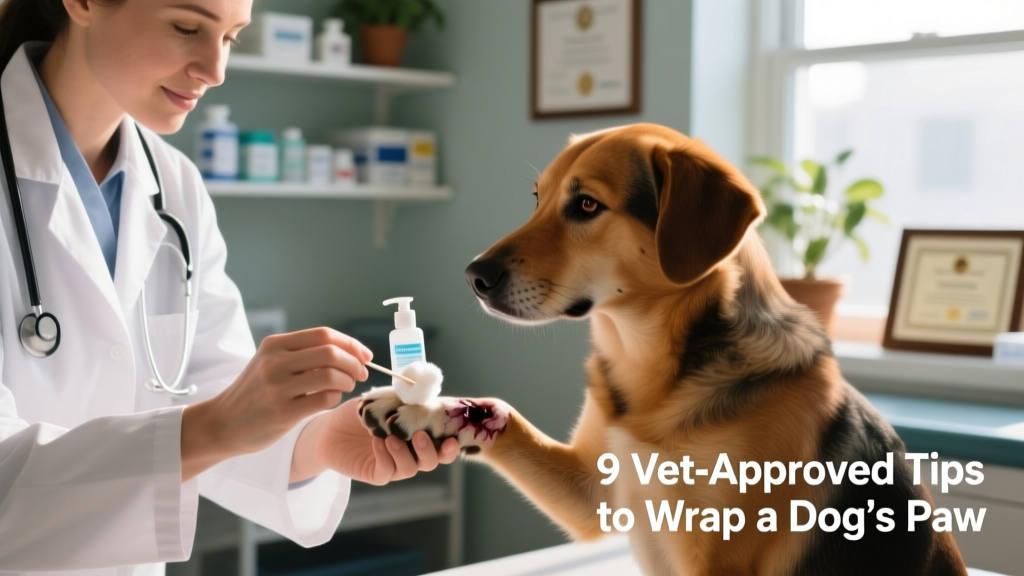 Close-up of a veterinarian gently cleaning a dog's injured paw with antiseptic solution