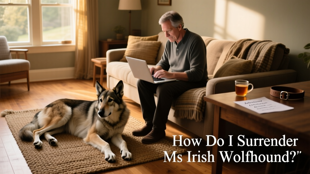 A thoughtful owner reviewing adoption applications on a laptop, with their Irish Wolfhound resting nearby