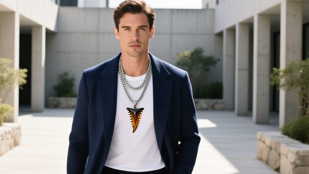 Man wearing a layered silver rope chain with a megalodon tooth pendant over a navy unstructured blazer and white tee outdoors.