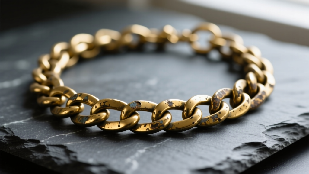 Close-up of a tarnished gold-plated brass Cuban link chain necklace on dark slate, highlighting worn edges and dull plating.