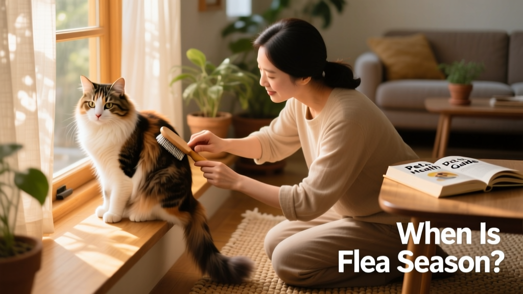Calm cat being gently brushed while a pet parent checks for fleas near the base of the tail