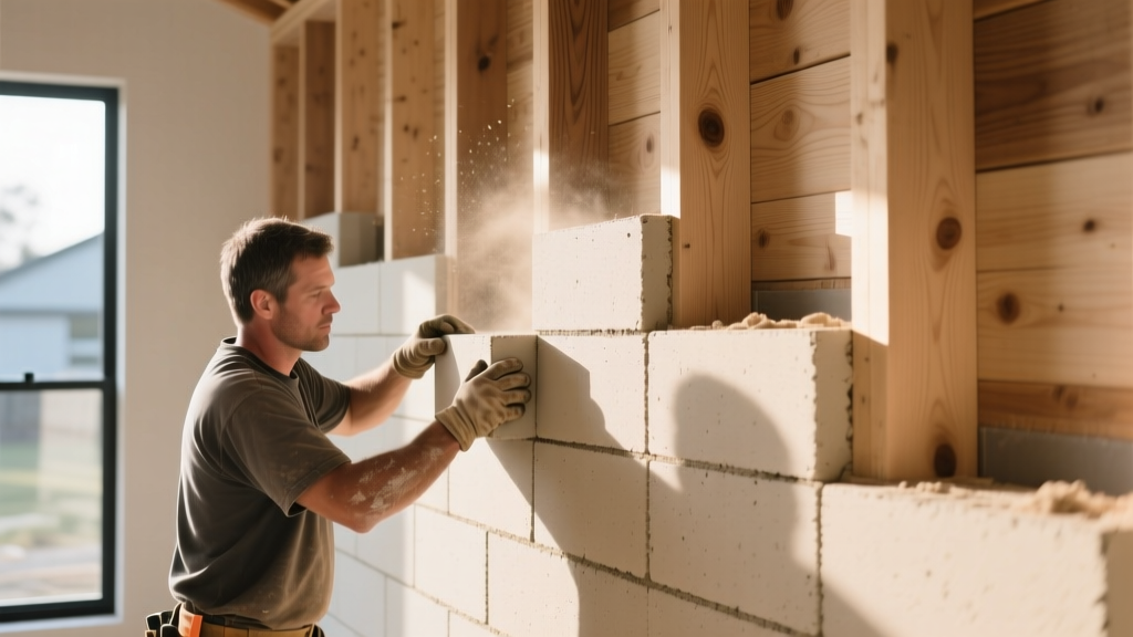 Worker installing interlocking pale-beige prefab hempcrete blocks on a modern residential wall with exposed timber framing.