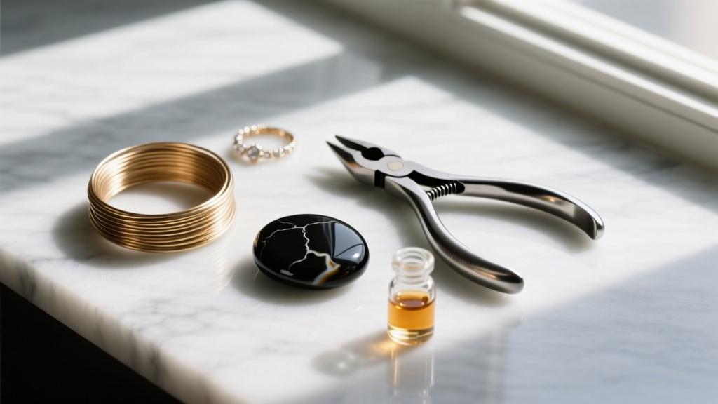 Flat lay of jewelry tools including 20-gauge brass wire, matte onyx cabochon, round nose pliers, and liver of sulfur gel