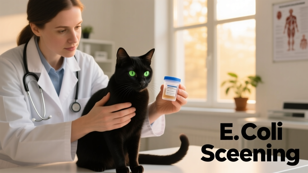Veterinarian gently examining a calm cat while holding a urine sample collection kit