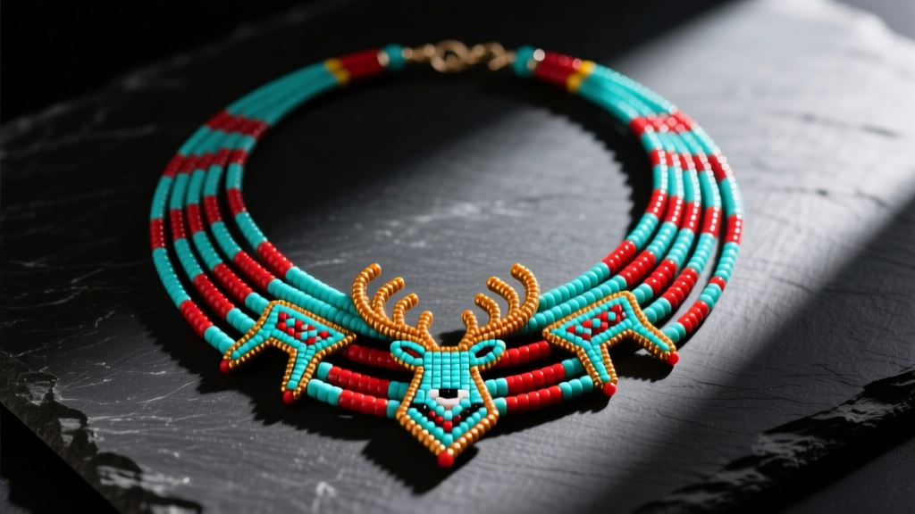 Multi-strand Huichol necklace with geometric deer motifs in turquoise and red glass seed beads, laid flat on dark slate.