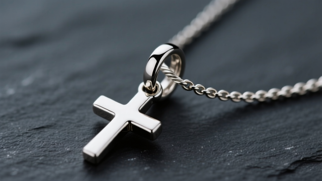 Extreme close-up of a laser-welded jump ring connecting a tiny platinum cross pendant to a delicate 1mm cable chain, macro lens on dark slate.