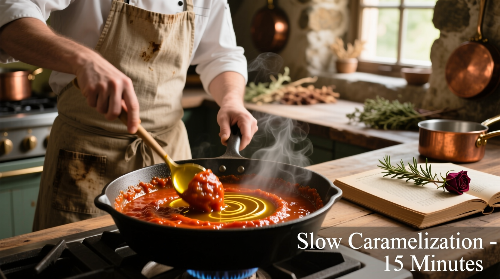 Chef stirring tomato paste in olive oil until caramelized