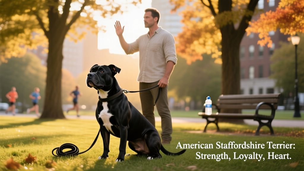 Trainer and American Staffordshire Terrier practicing sit-stay command in a sunny park setting