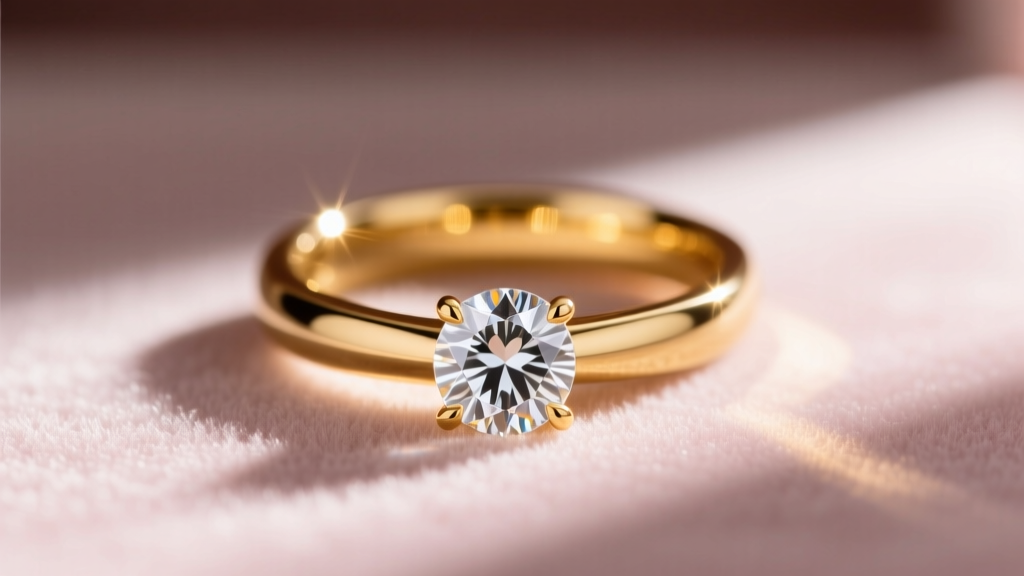 Close-up of a 14k yellow gold solitaire ring with a brilliant-cut diamond resting on blush velvet in natural sunlight