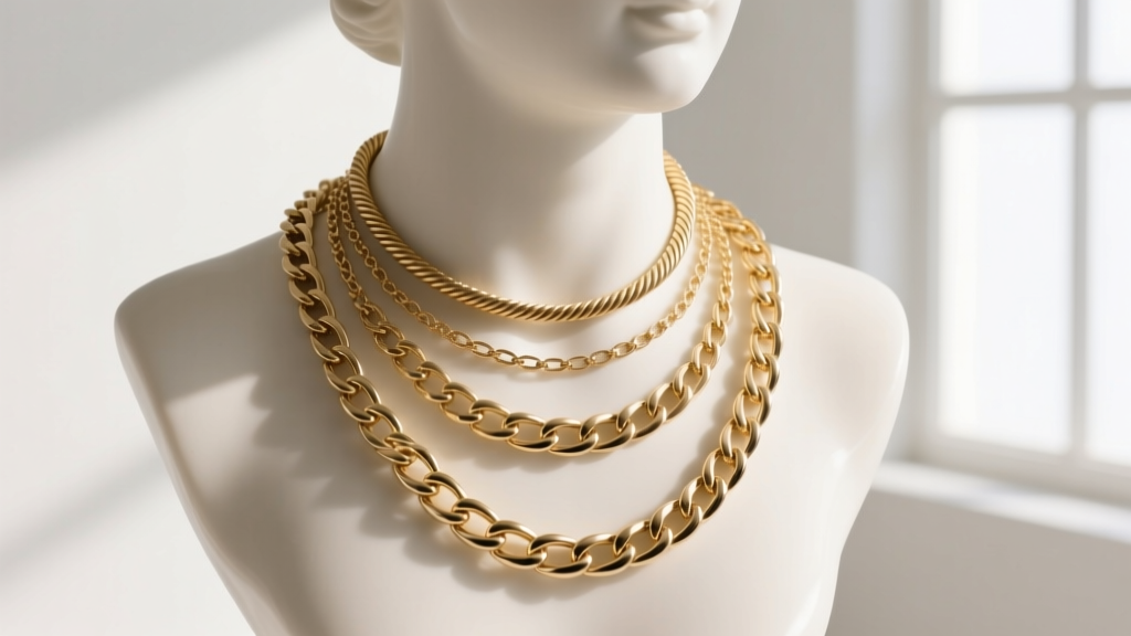 Elegant layered necklace setup showing a 16-inch cable chain, 18-inch figaro, and 20-inch box chain resting smoothly on a bust.