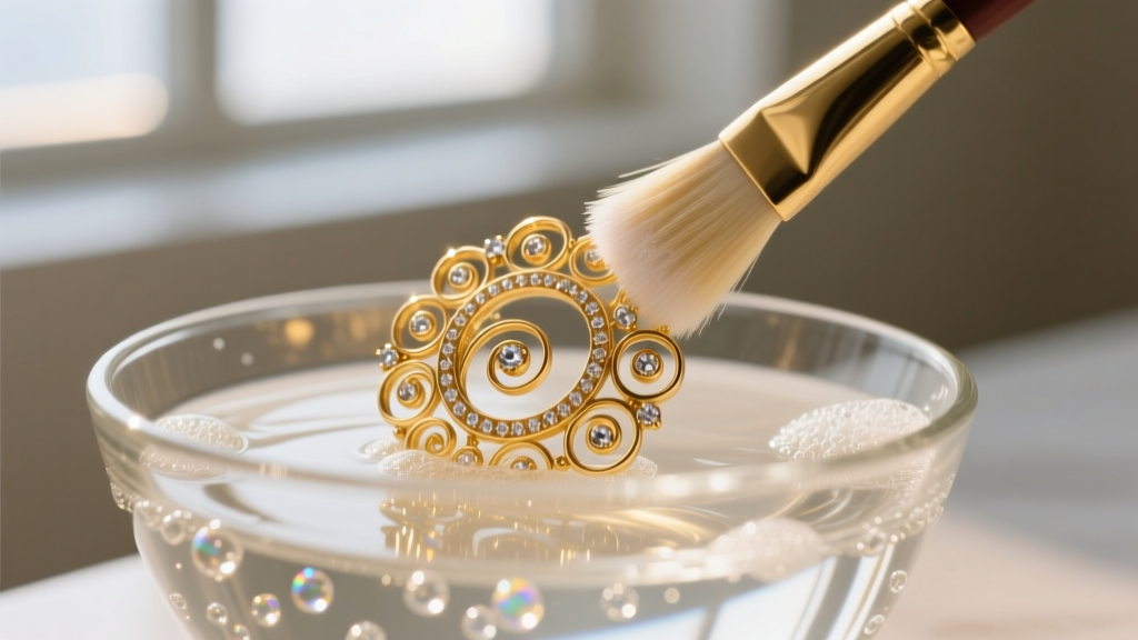 Soft brush cleaning an ornate 12k gold filigree brooch in a glass bowl of soapy water, illuminated by soft natural window light.