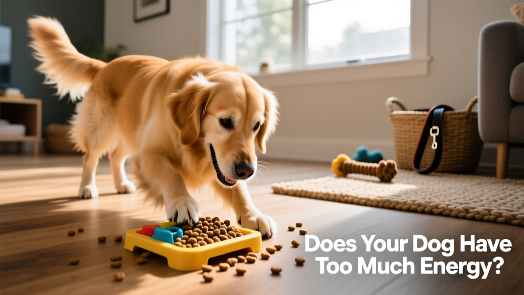 A dog happily working on a puzzle toy filled with kibble