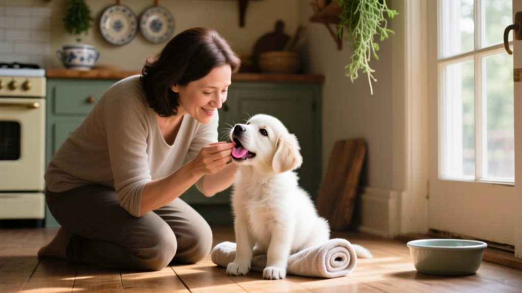 A concerned pet parent gently checking their puppy's gums for moisture and color