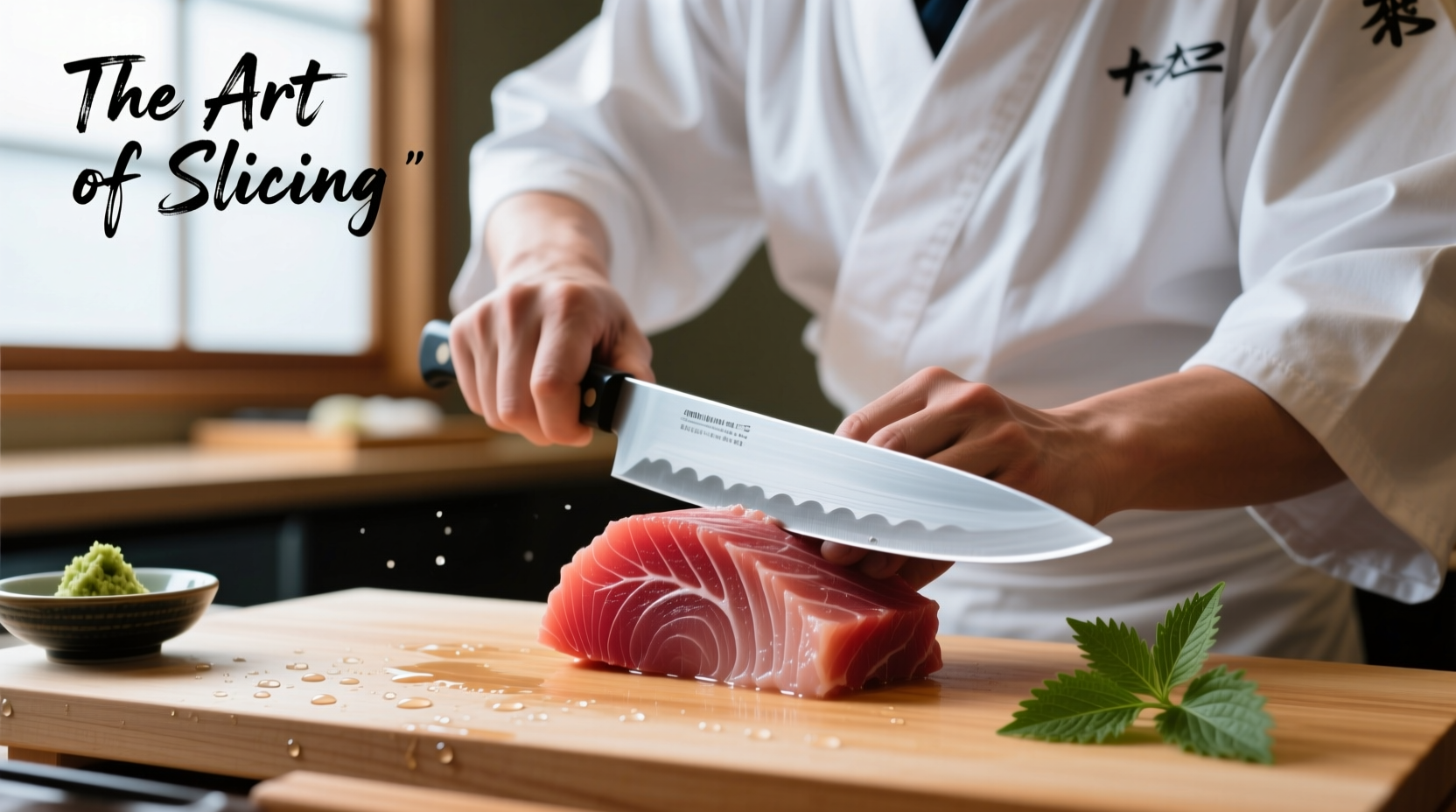 Chef slicing fresh tuna sashimi with precision knife technique