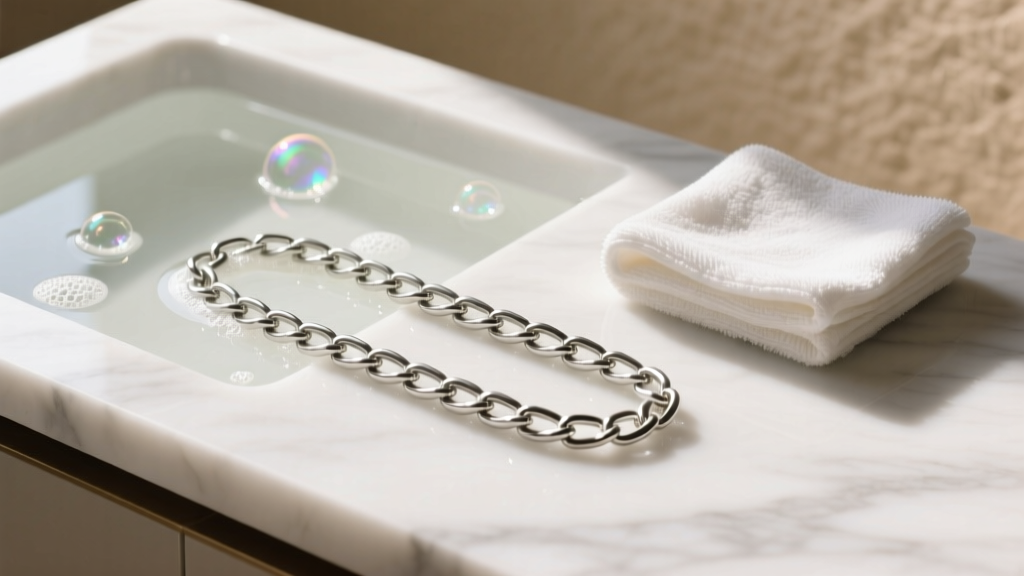 Overhead view of a jewelry cleaning station with mild soap solution, microfiber cloth, and a silver chain being polished.