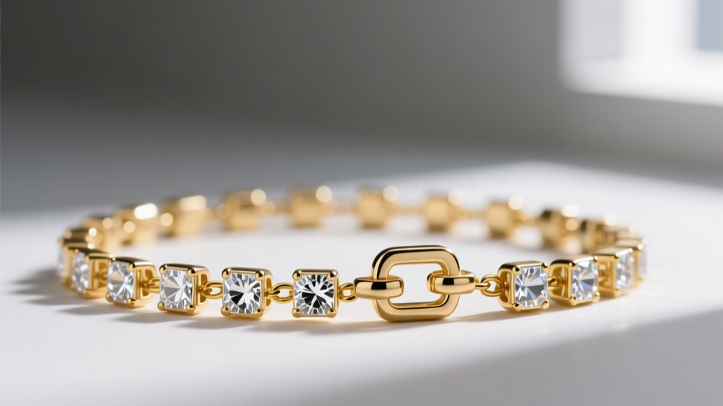 Close-up of a neodymium magnetic clasp on a gold box chain, attached to a necklace with square cubic zirconia station beads