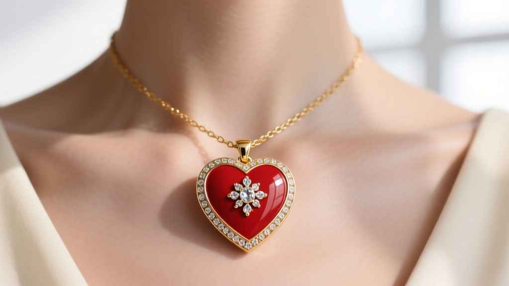 Close-up of a gold-plated brass Jennifer Miller heart necklace with vibrant red cold enamel and crystal accents on a collarbone.