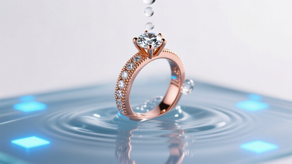 Ultrasonic jewelry cleaner vibrating a rose gold diamond ring in soapy water, illuminated by glowing blue digital display lights.