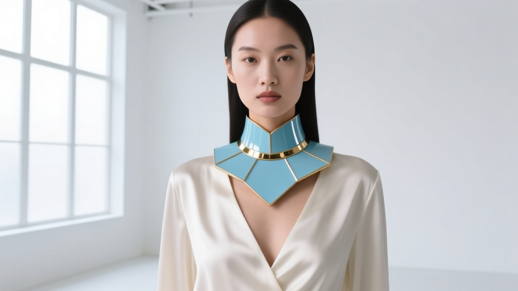 Model wearing a light blue enamel and brass statement collar over a deep V-neck silk blouse in a bright, modern studio.