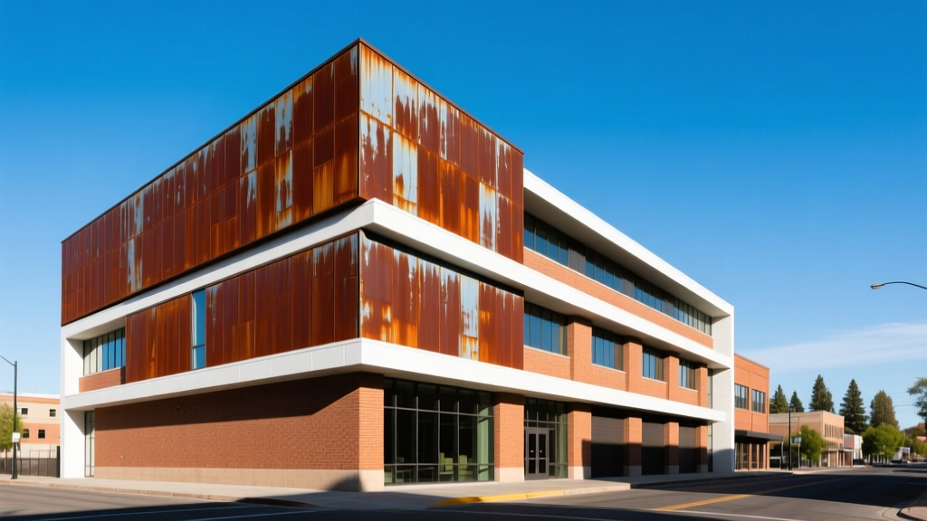 Weathering steel panels and brown clay brick exterior cladding on a modern Spokane commercial building under a clear sky
