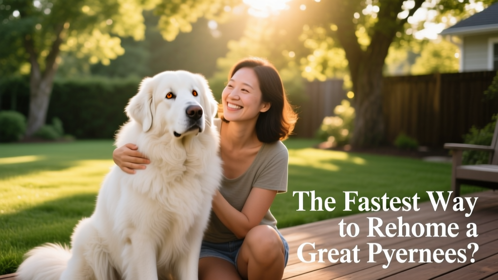 A calm, gentle Great Pyrenees sitting beside a smiling adult in a sunny backyard