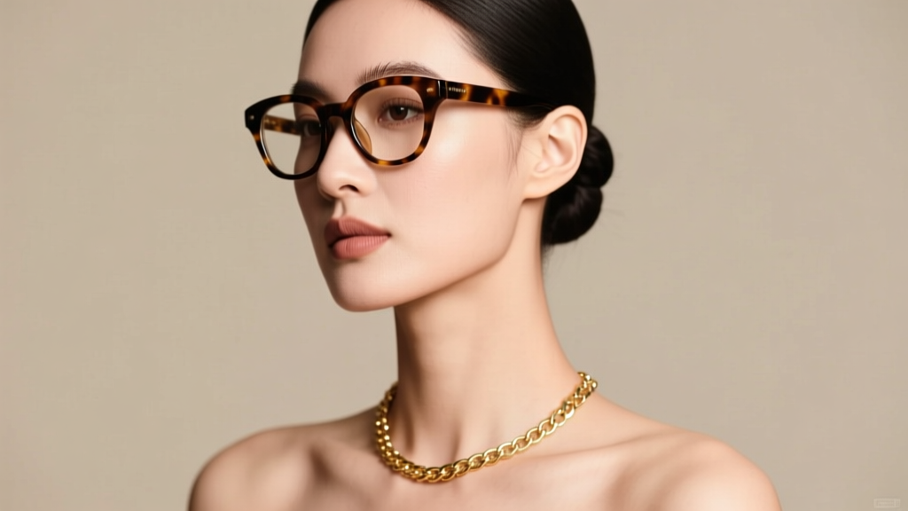 Woman wearing thick tortoiseshell glasses and a delicate 16-inch gold chain necklace under soft studio lighting, elegant