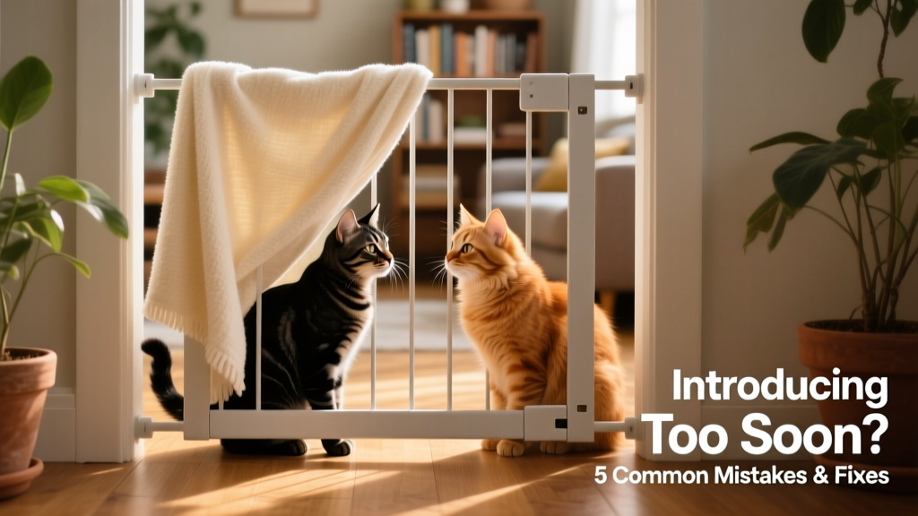 A baby gate covered with a light blanket, partially raised to allow two cats to see each other while maintaining safe distance